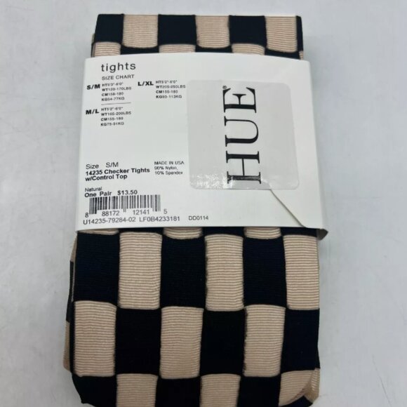 HUE Checker Tights w/ Control Top Sz S/M U14235 Natural & Black - Picture 2 of 4